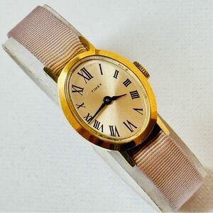 Vintage Timex Oval Hand Wind Women's 6.25" MAX Gold Mechanical Watch Roman 1970